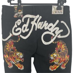 Ed Hardy Mens Slim Fit Jeans Bengal Crawling Tiger Faded Black